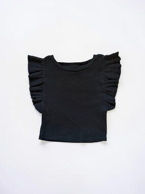 Zara Black Ribbed Ruffle Sleeve Top Flutter Sleeve Size Medium